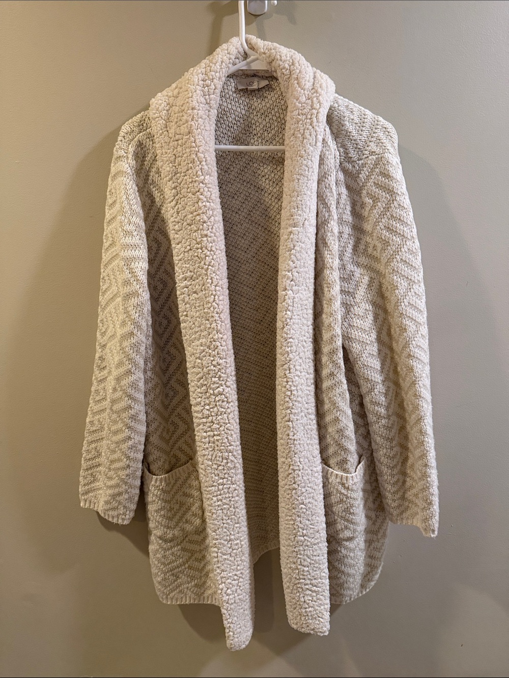 LOFT Cream Textured Knit Open-Front Cardigan with Sherpa Trim